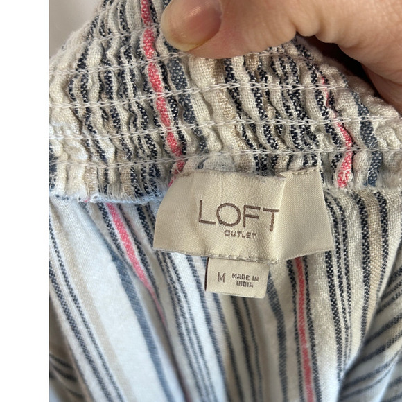 Loft Women's Size M White Linen Striped Off the Shoulder Shorts Romper #0153 - Picture 5 of 6